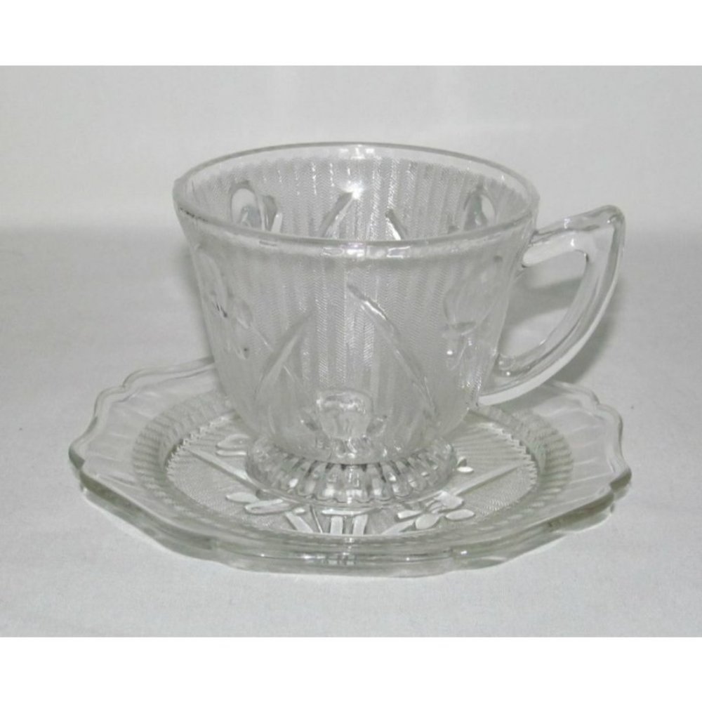 Jeannette Glass IRIS AND HERRINGBONE Crystal Cup and Saucer Set